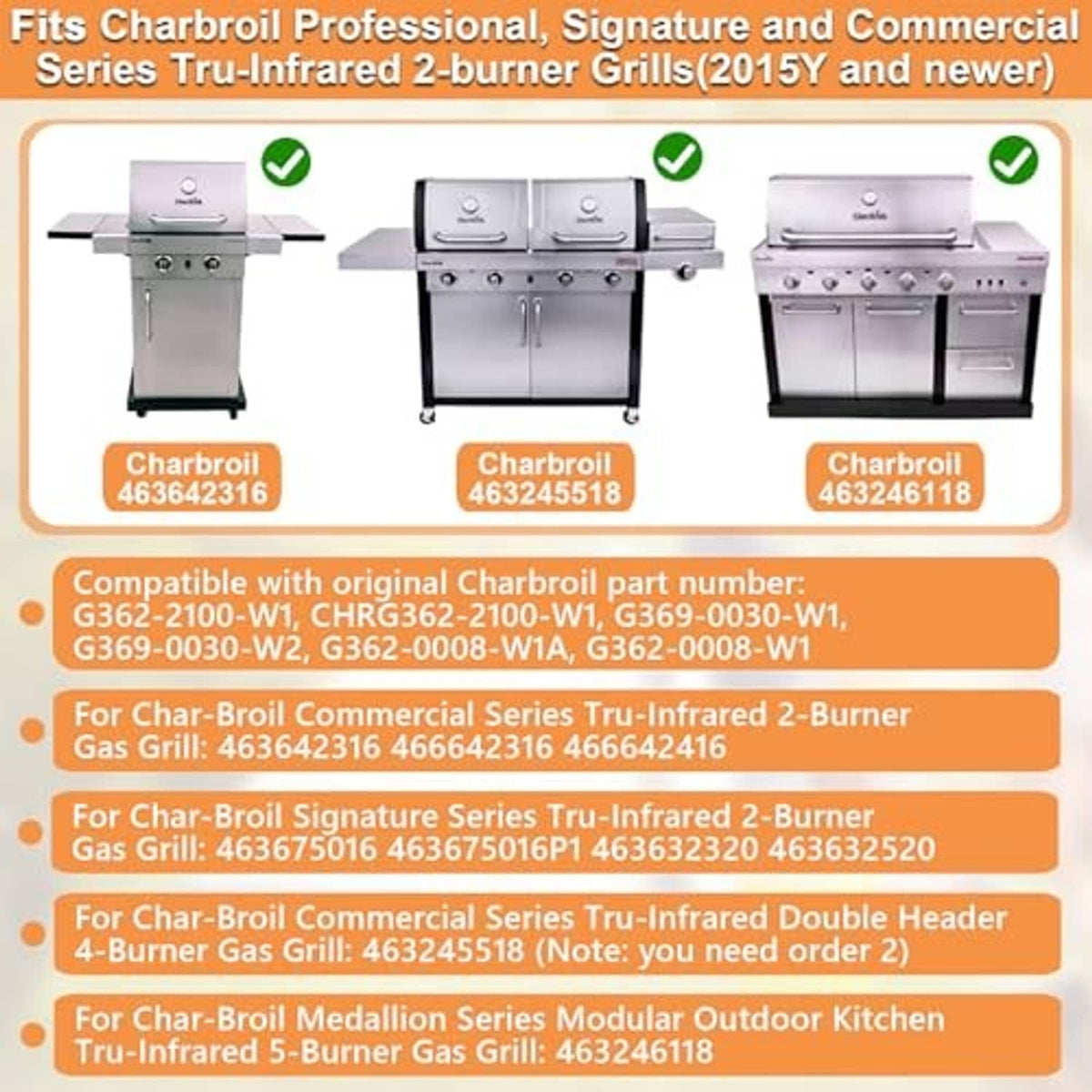 Compatibility chart graphic for Charbroil Tru-Infrared 2-burner emitter grates
