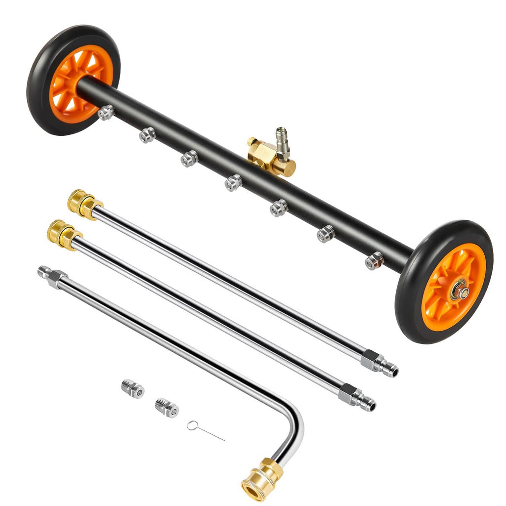 Black pressure washer undercarriage cleaner with orange wheels, gold valve, and nozzle bar