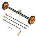 Black pressure washer undercarriage cleaner with orange wheels, gold valve, and nozzle bar
