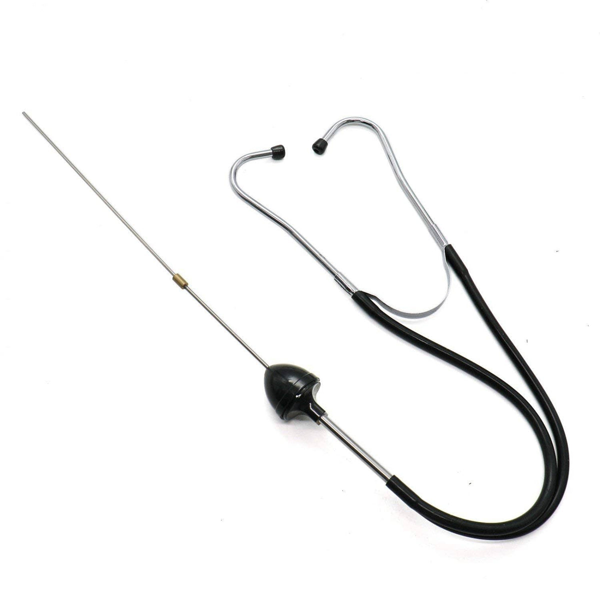 Automotive stethoscope with black tubing, silver stems, and metal chest diaphragm
