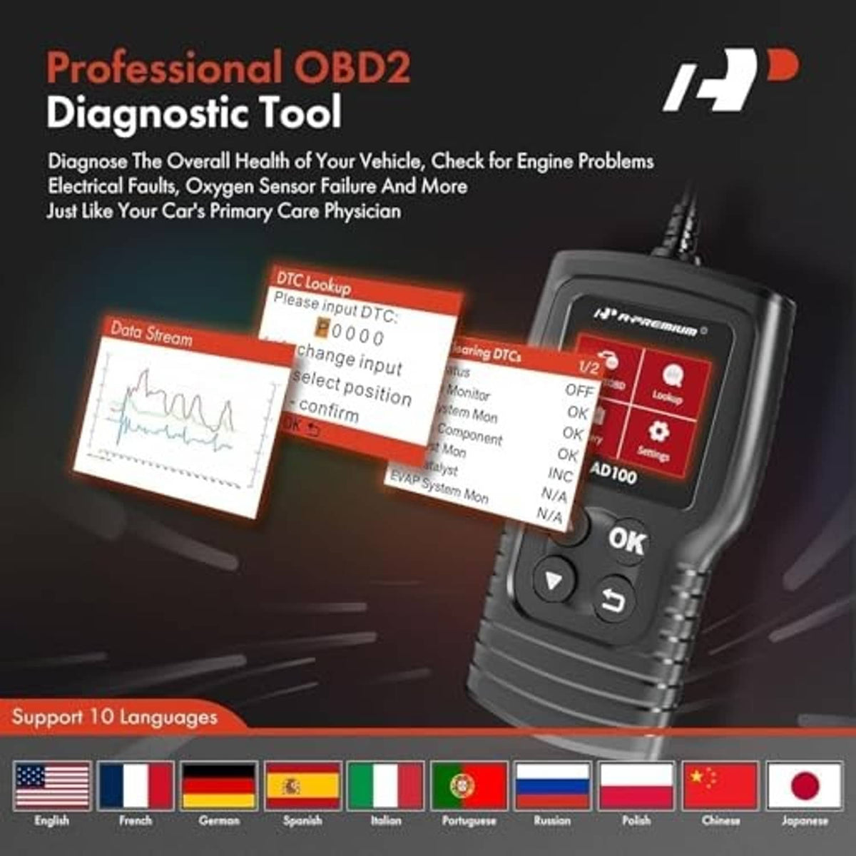 OBD2 diagnostic scanner with color menu screen, OK button, and keypad controls