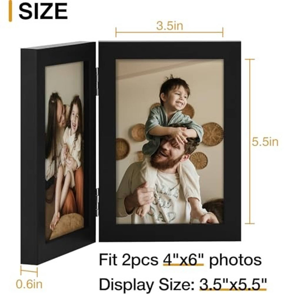 Vertical black double photo frame with hinged cover, fit for two 4x6 photos
