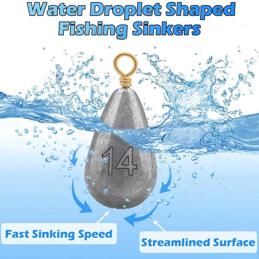 Water droplet-shaped fishing sinker with brass eye ring, stamped number 14 on silver lead