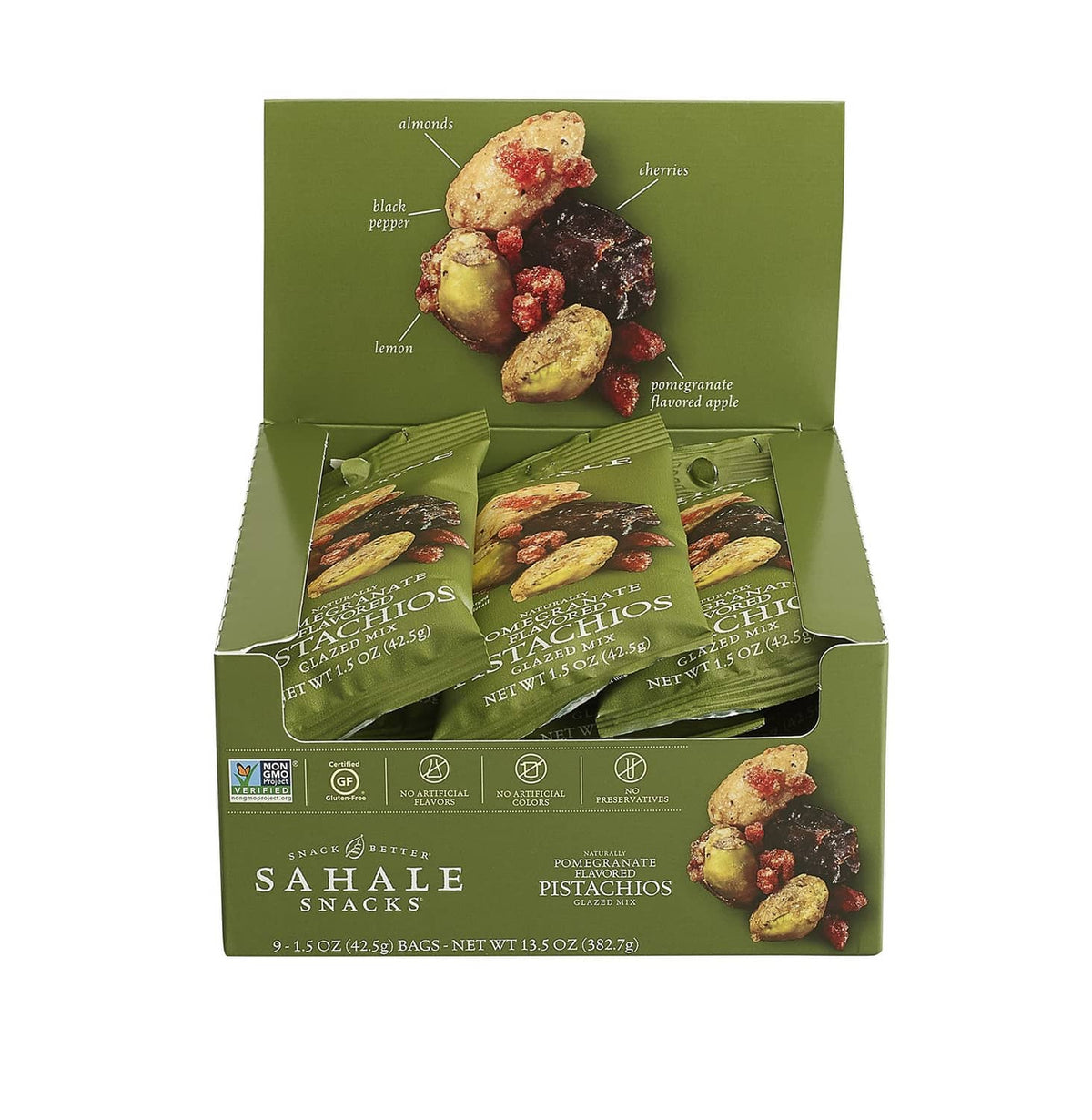 Sahale Snacks pomegranate flavored glazed pistachios mix, open box with snack bags