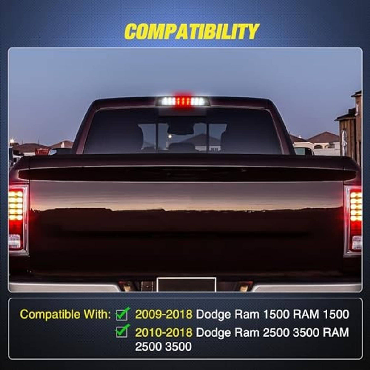 Third brake light LED bar on truck rear window, red LEDs lit