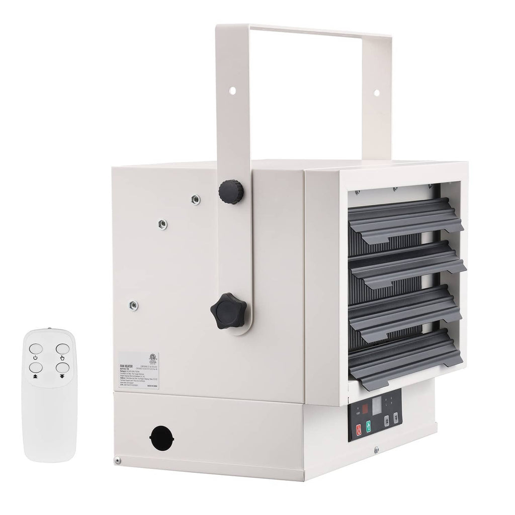 Electric garage heater with open front vent and handheld remote control