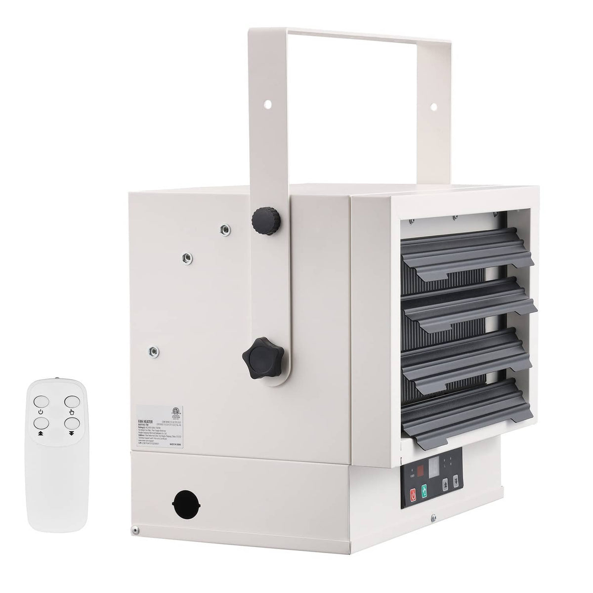 Electric garage heater with open front vent and handheld remote control
