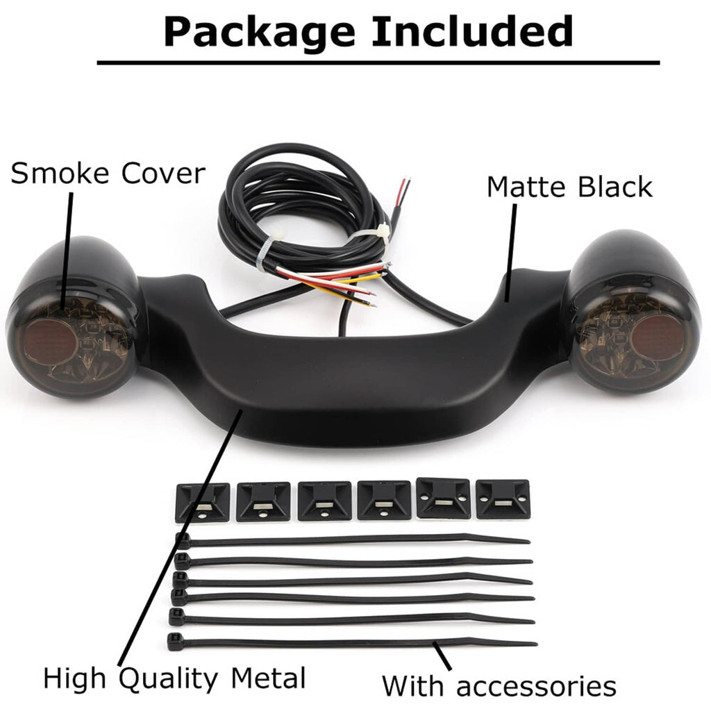 Black LED light bar package: smoked bullet lamps, wiring harness, and included accessories.