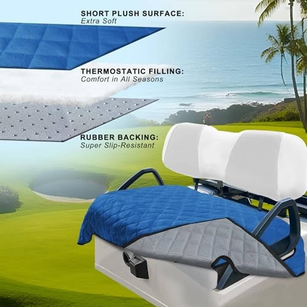 Deep blue short plush seat cover with gray dotted non-slip rubber backing