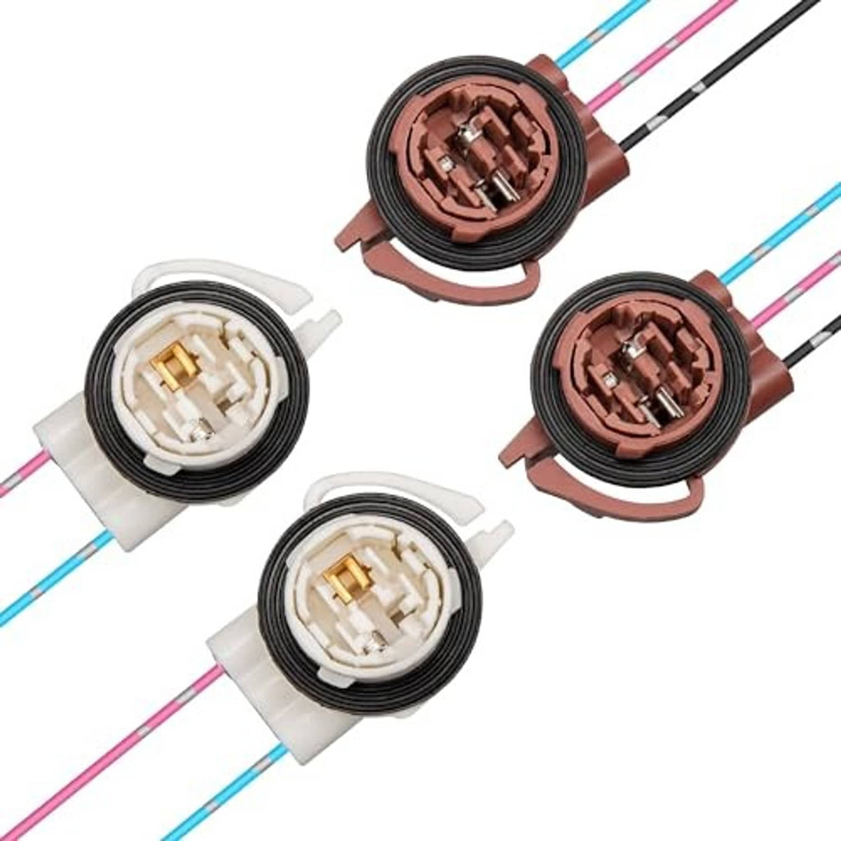 LED socket pigtail harness with four pre-wired connectors and colored leads
