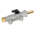 Rear brake master cylinder with silver body, gold fittings, and black rubber cap