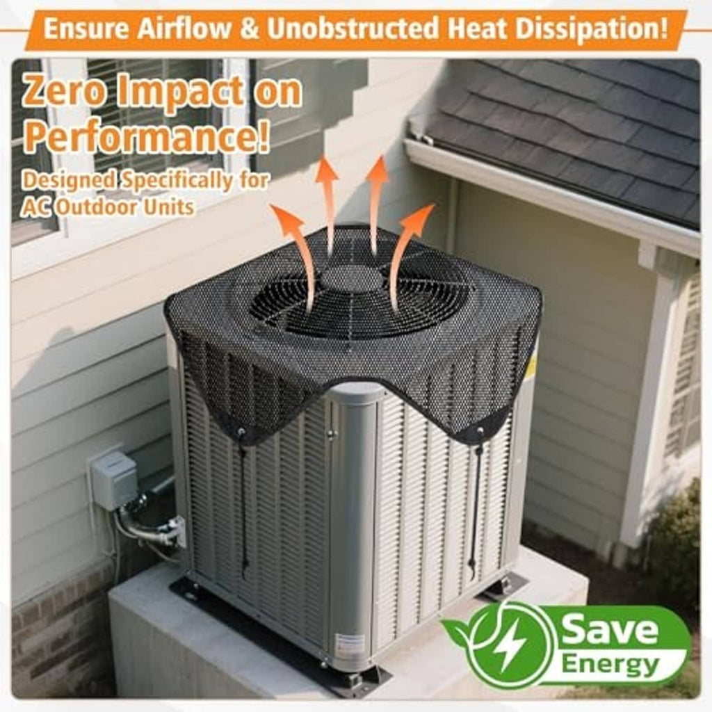 Black mesh air conditioner cover fitted over outdoor unit with front V opening