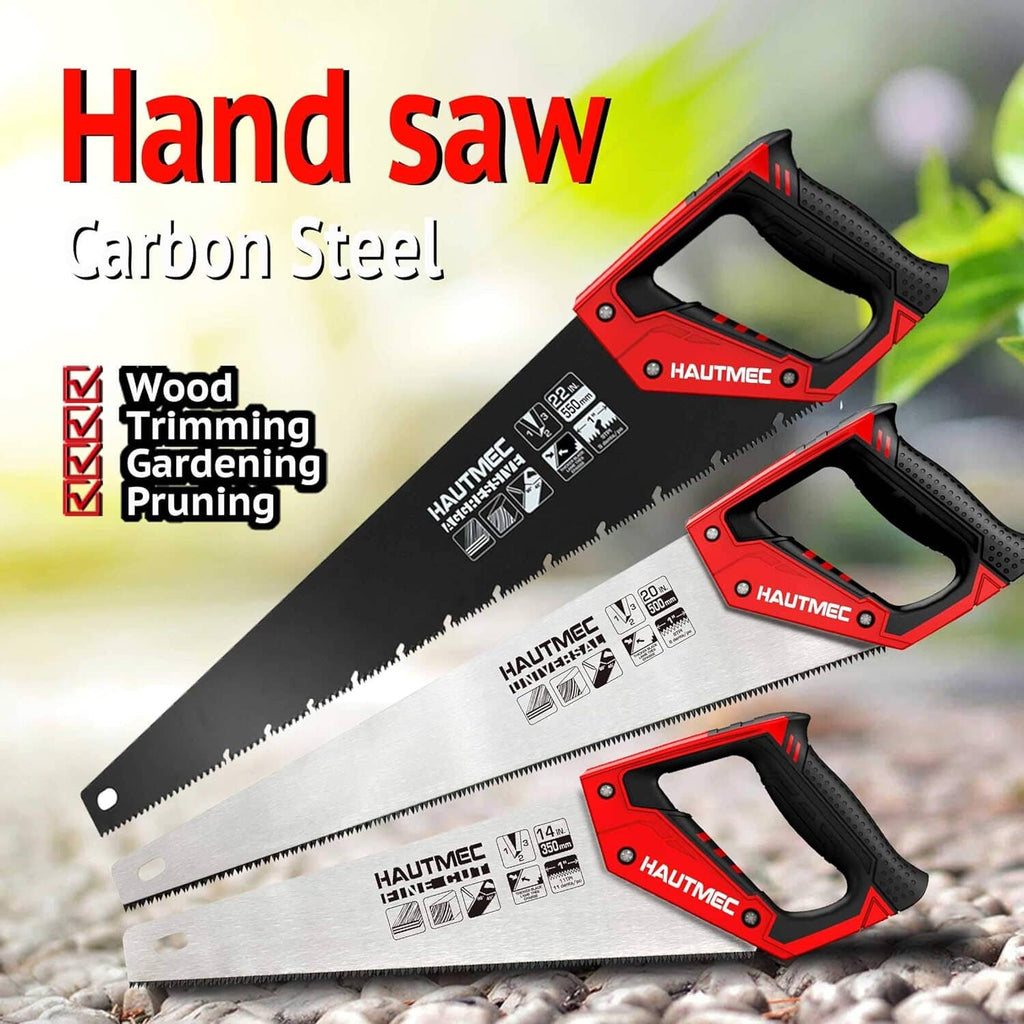Hand saw kit with carbon steel blade and red handle for wood trimming and pruning