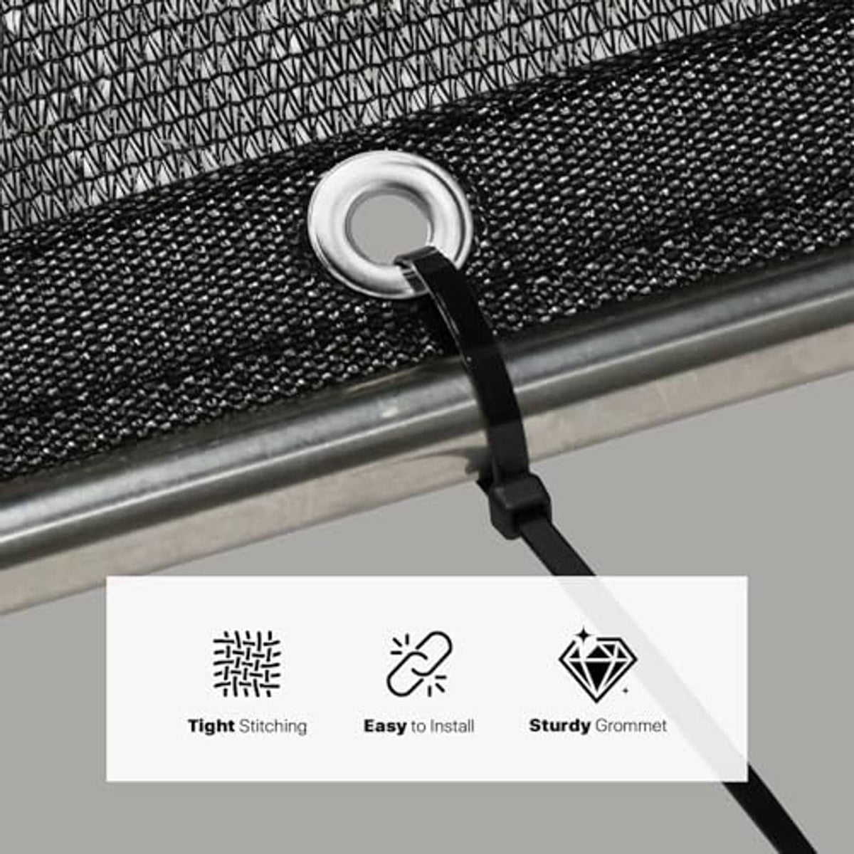 Black shade cloth mesh with metal grommet and installed tie cord along edge