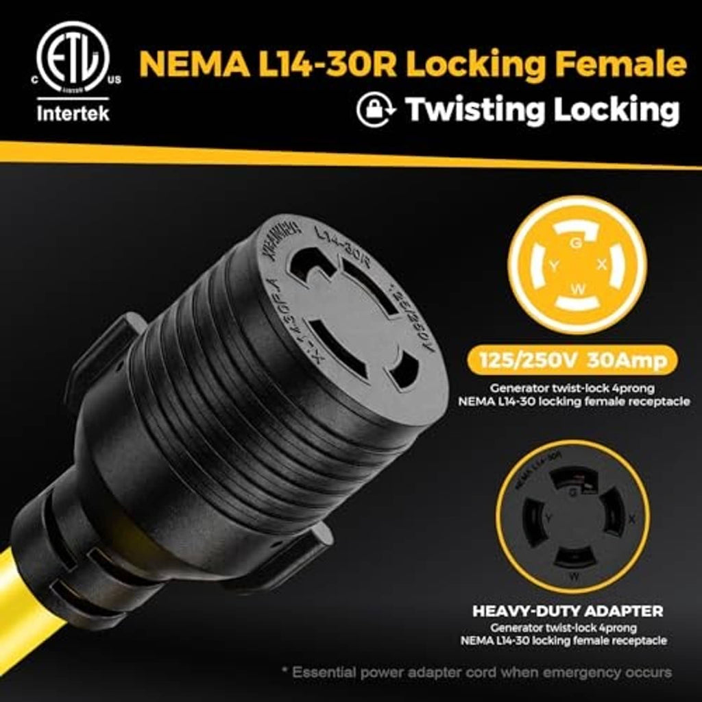L14-30R locking female connector on yellow power adapter cord, black
