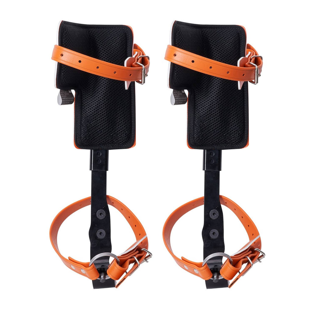 Black padded supports with orange ankle straps and two steel spike spurs