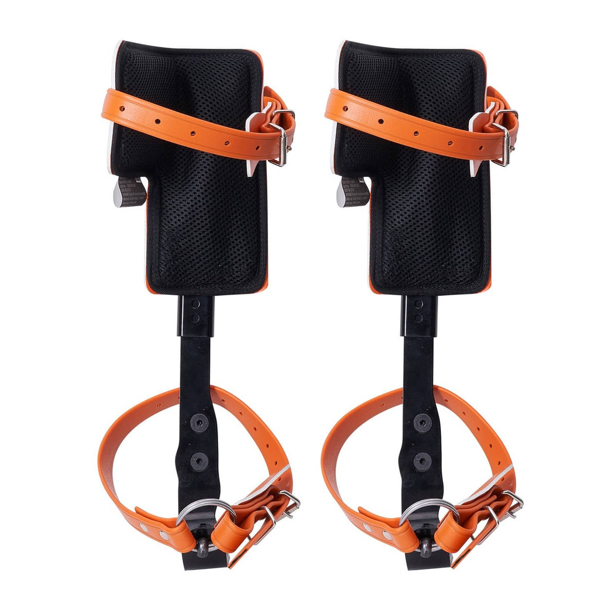 Black padded supports with orange ankle straps and two steel spike spurs