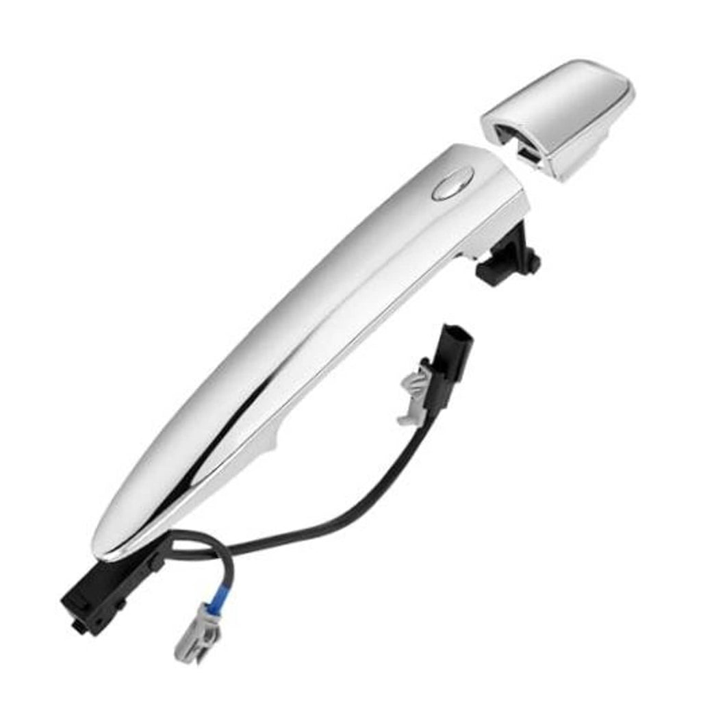 Chrome exterior front door handle with keyless wiring and black mounting clips