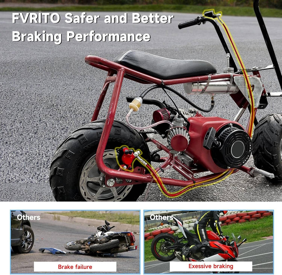 Hydraulic disc brake installed on a mini bike wheel with red caliper and vented rotor