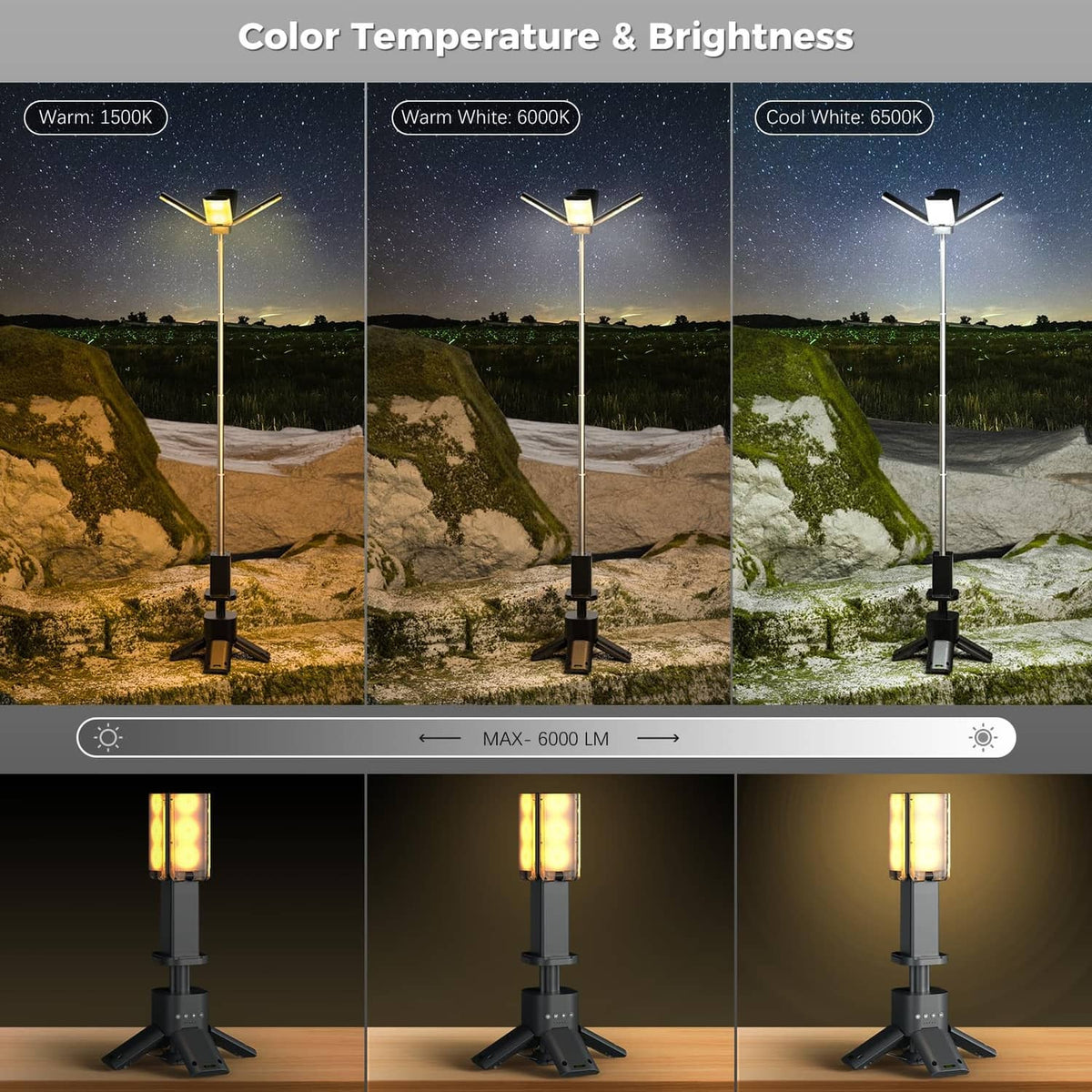 Gray telescopic LED camping light showing warm and cool white light output on tripod