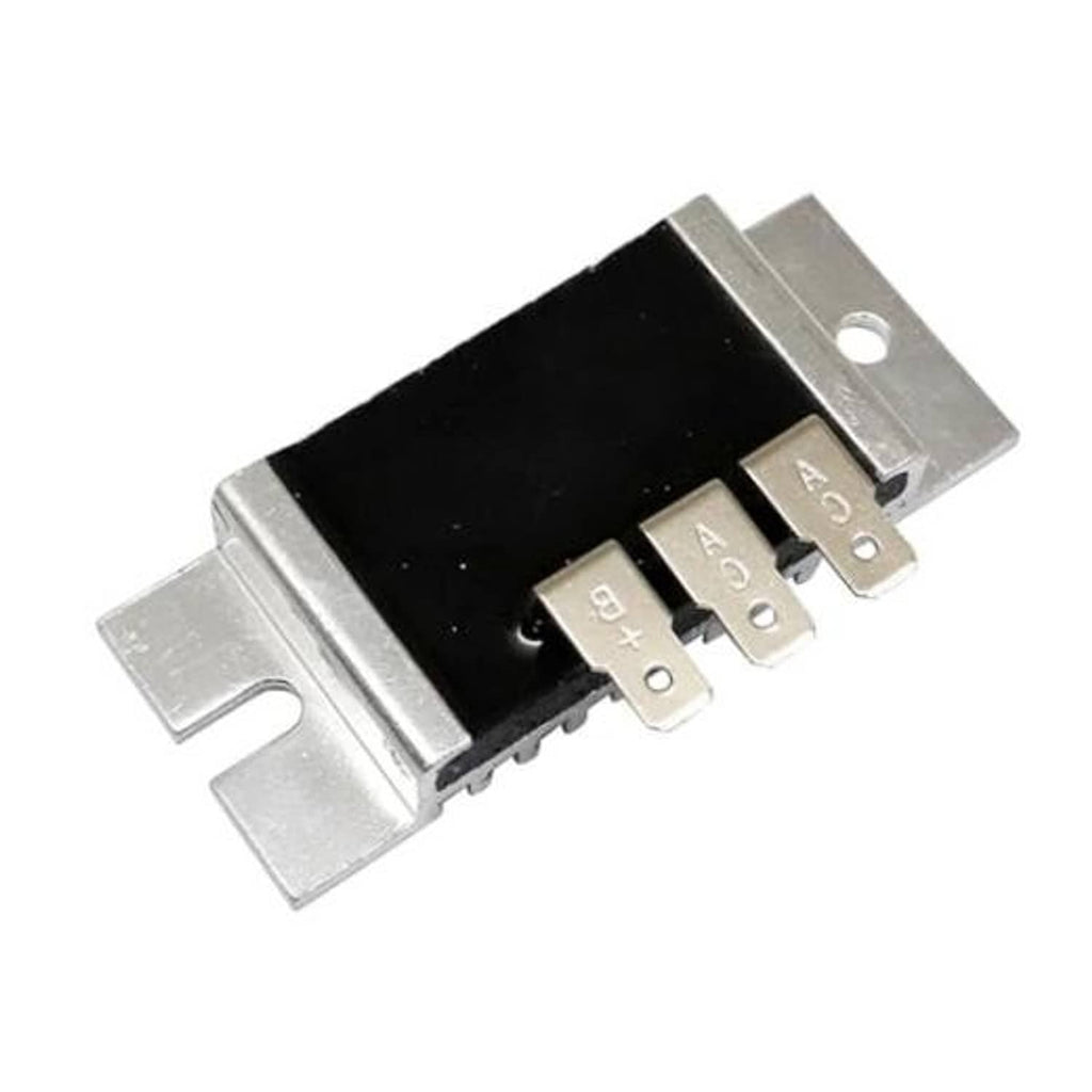 Voltage regulator rectifier module with black circuit block and three metal mounting tabs