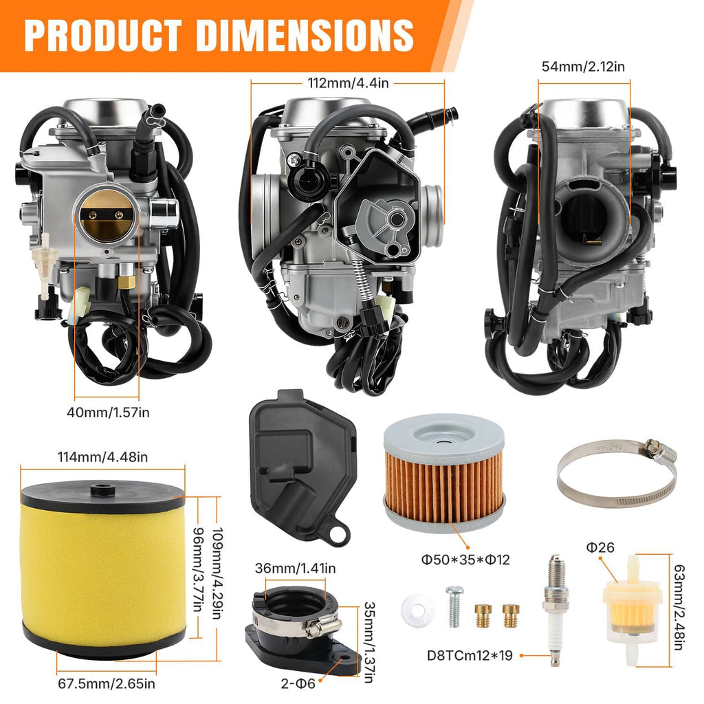 Carburetor with intake manifold assembly, yellow air filter and black hose connections