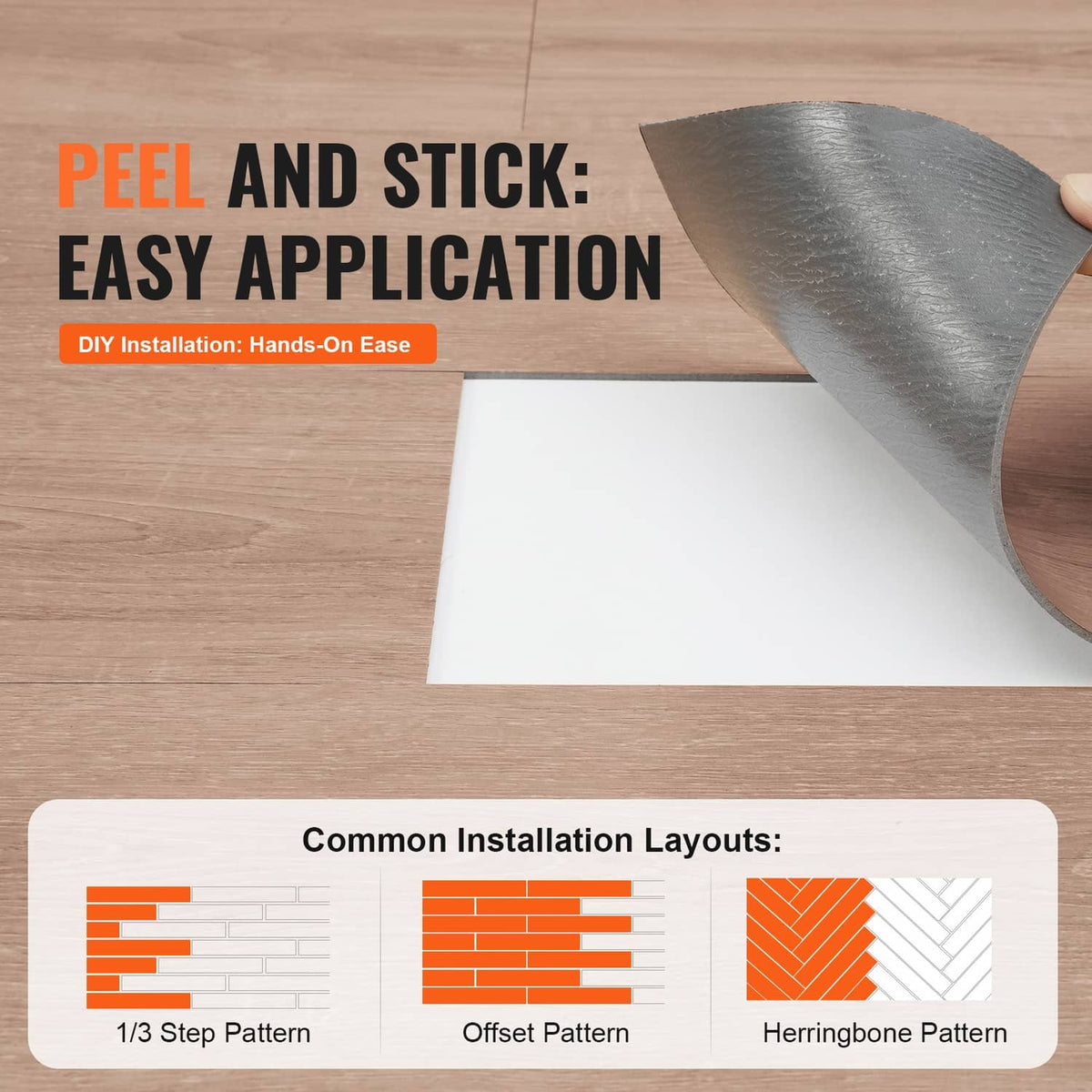 Peel-and-stick vinyl floor tile with backing removed, exposing adhesive layer