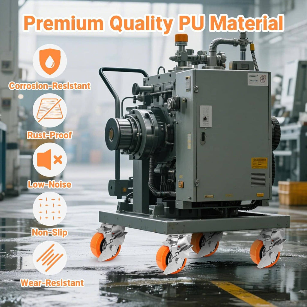 Industrial caster wheels on equipment with orange polyurethane tires for smooth rolling