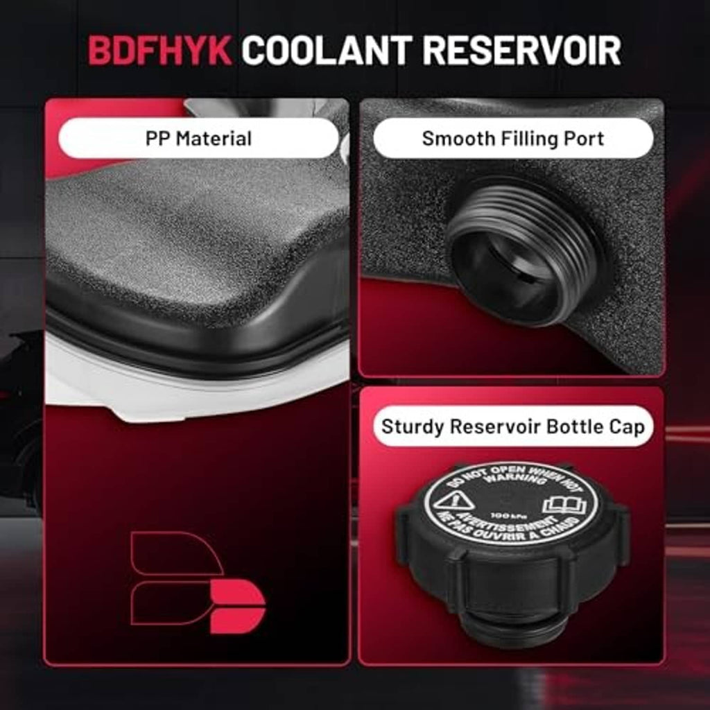 Coolant reservoir bottle with black cap, threaded fill port, and smooth cap top
