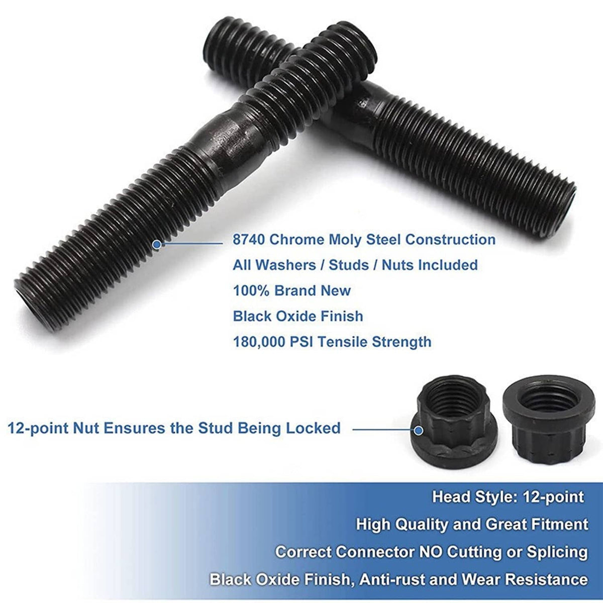 Chrome-moly cylinder head studs with black oxide finish and 12-point nuts