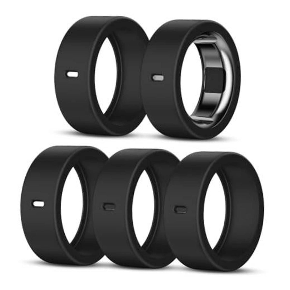Set of five black silicone ring covers with inner metal opening