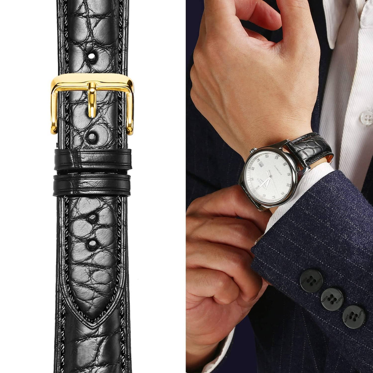 Black alligator leather watch strap with gold buckle clasp and stitched loop
