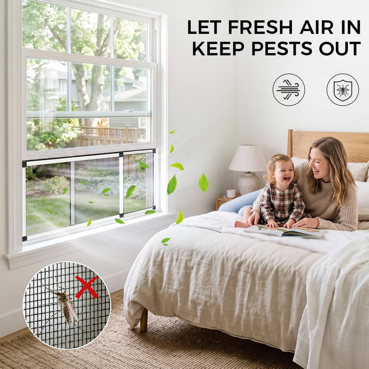 Adjustable window screen mesh panel for windows, with fastening system detail