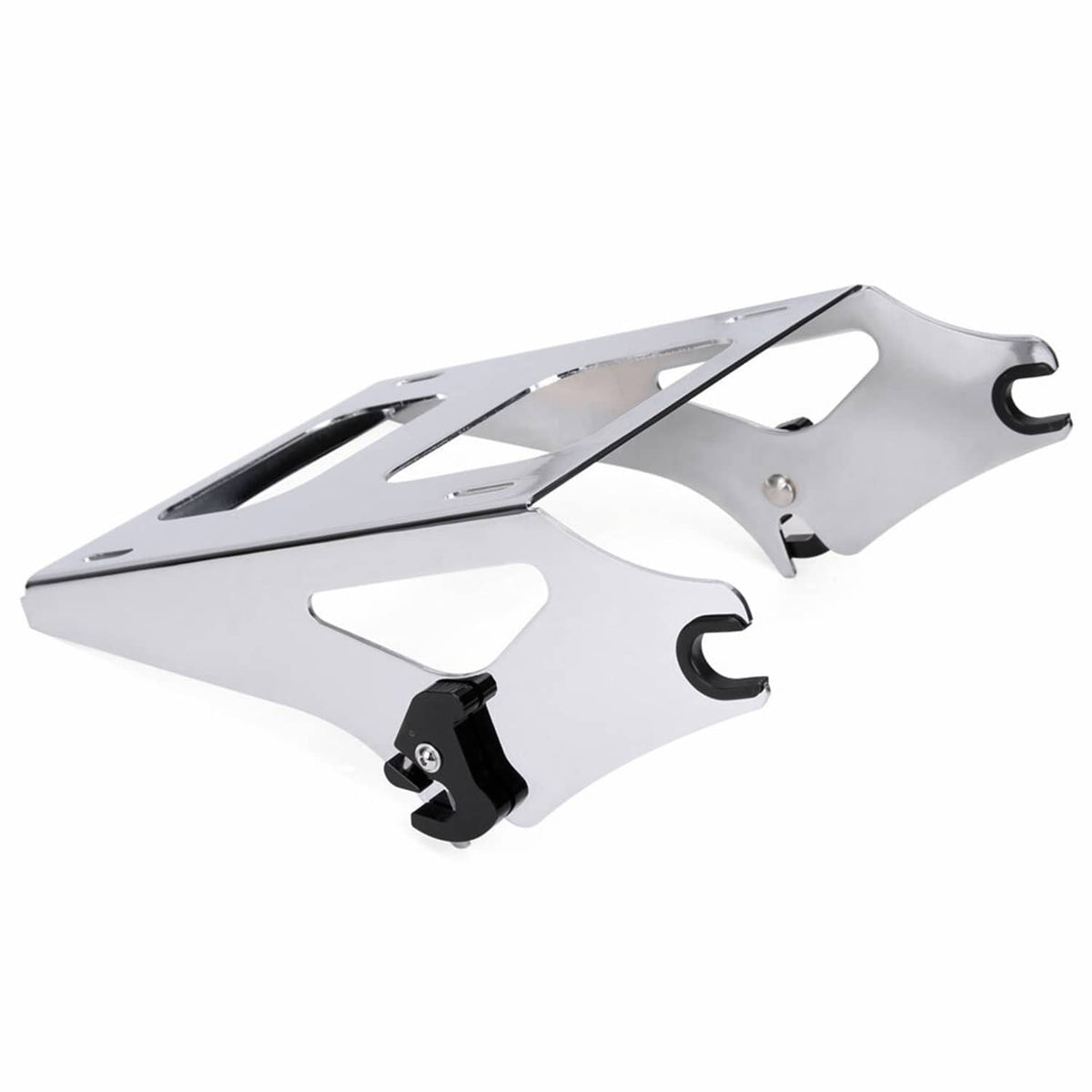 Two-piece metal luggage rack with black mounting bracket and fork-style hooks