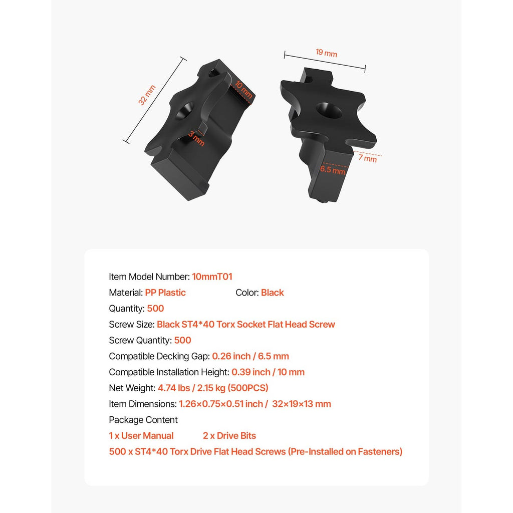 Two black plastic deck T clip fasteners with screw drive head