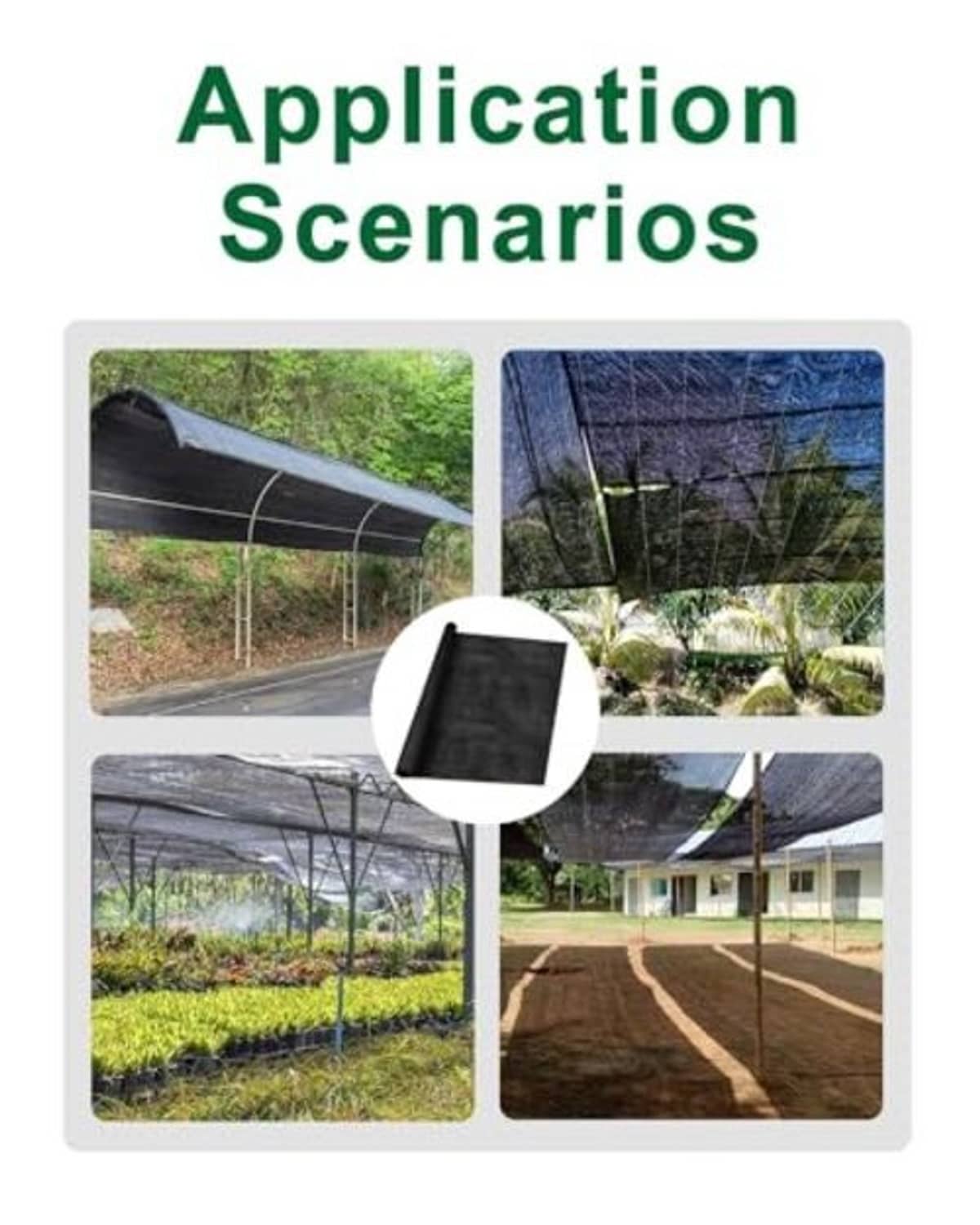 Black shade cloth panels shown in outdoor setup, sunshade and privacy screen