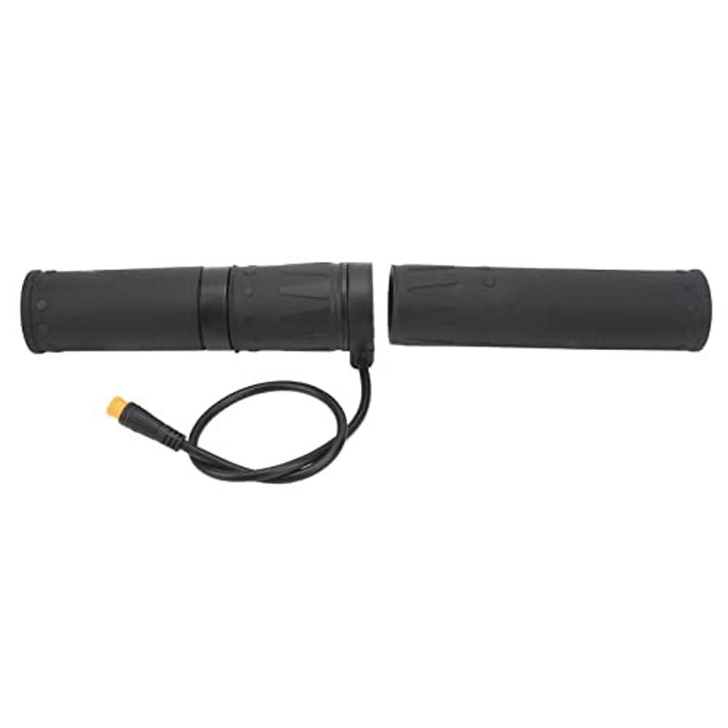 Motorcycle electric throttle grip set, split rubber design with two black grips and connected cable, orange tip