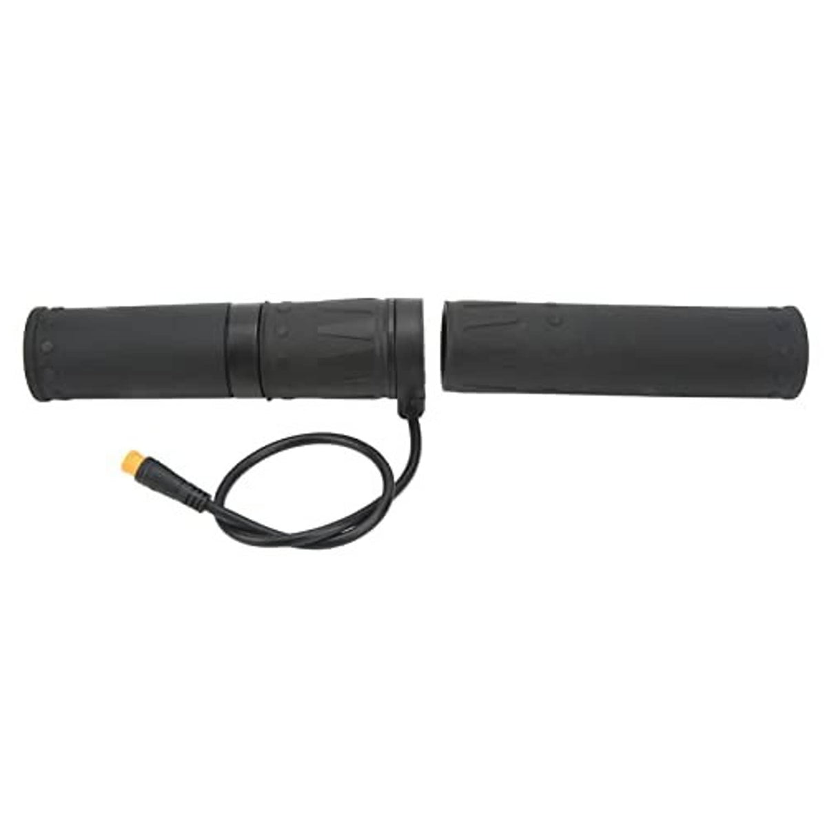 Motorcycle electric throttle grip set, split rubber design with two black grips and connected cable, orange tip