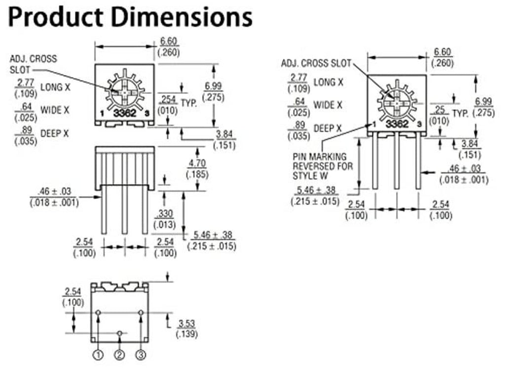Trimmer potentiometer technical dimension diagram with measurement callouts.