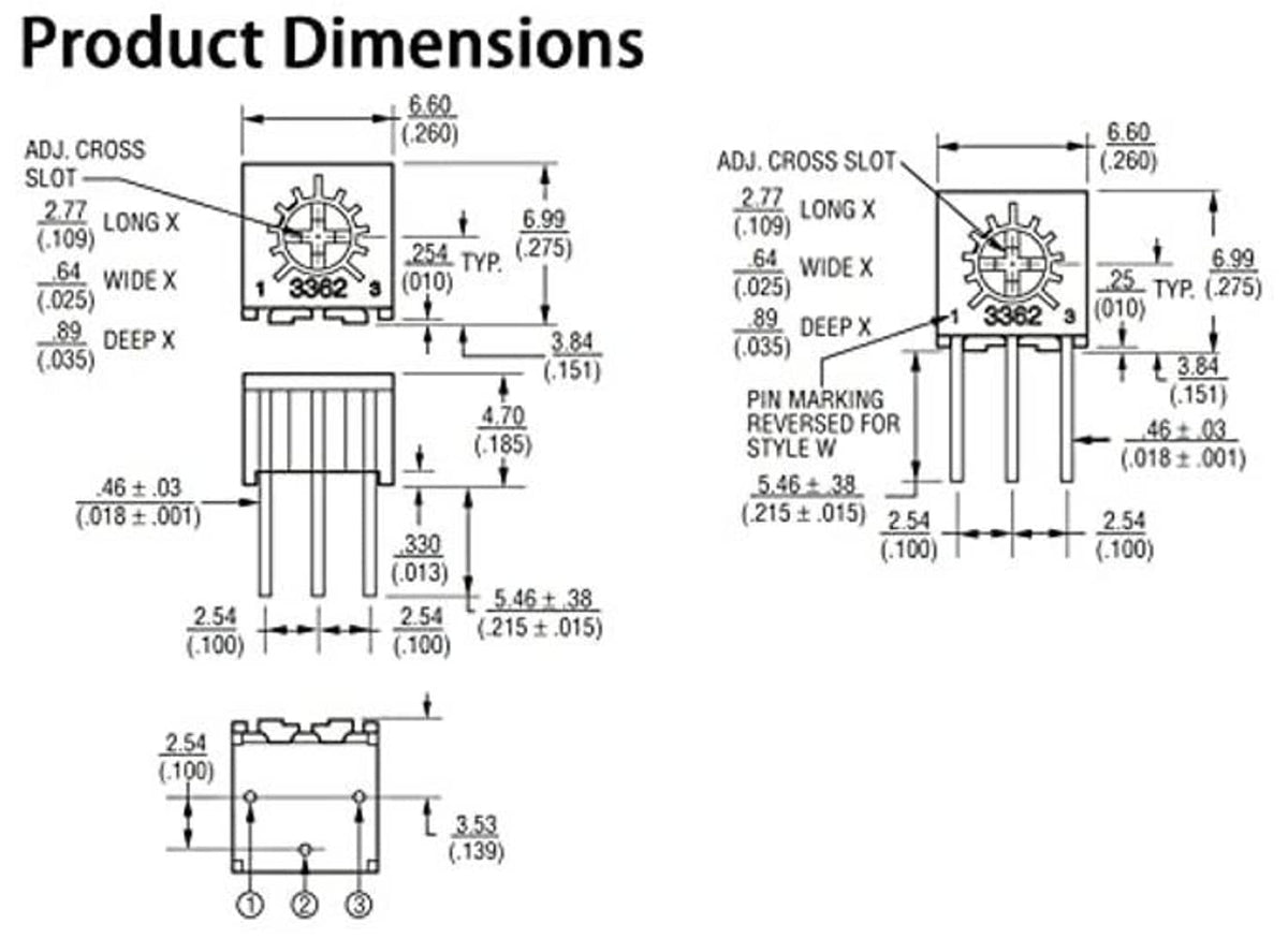 Trimmer potentiometer technical dimension diagram with measurement callouts.