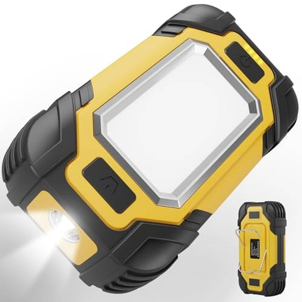 Yellow and black rechargeable work light, angled view with bright COB LED panel