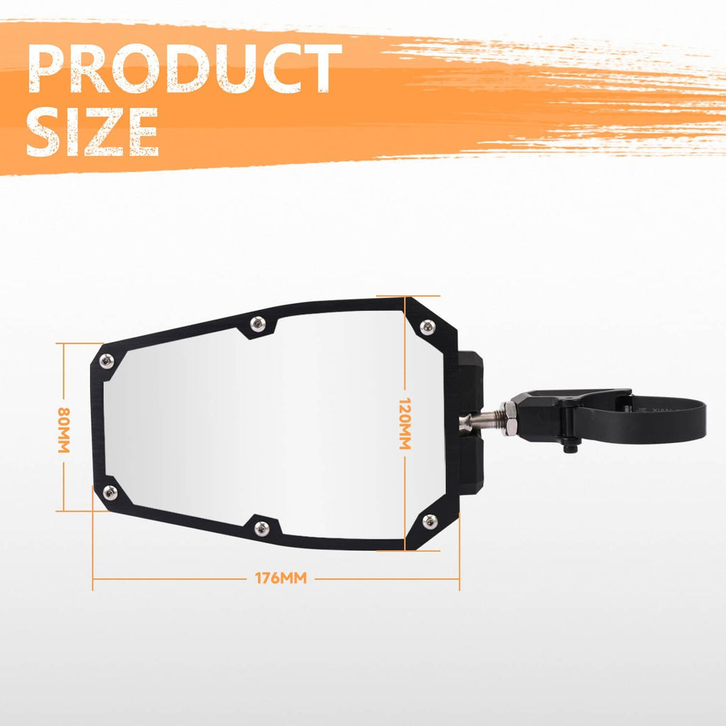 UTV side mirror with black clamp and rectangular frame shown with product size diagram