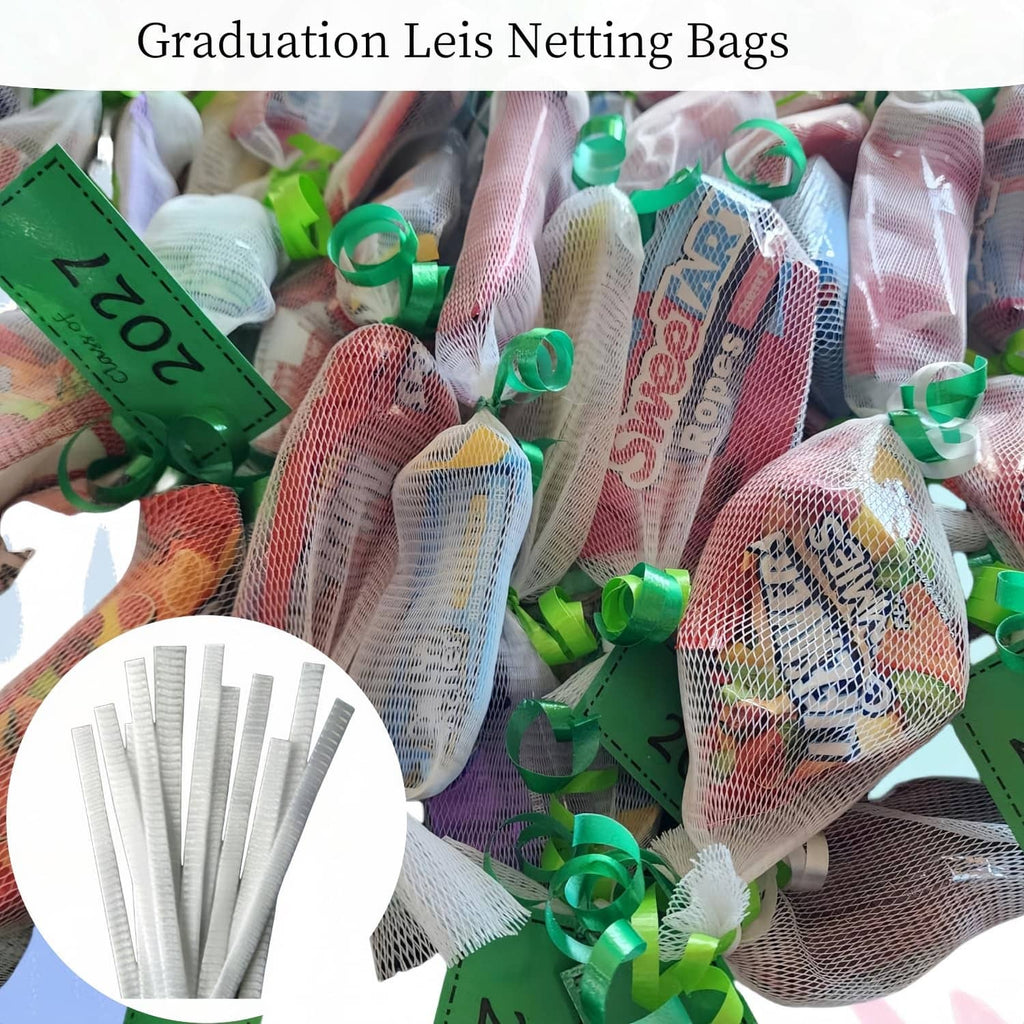 Netting bags filled with wrapped thread spools for graduation leis