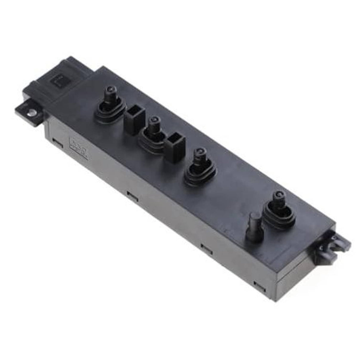 Car seat power switch module, dark gray with rocker buttons, angled view