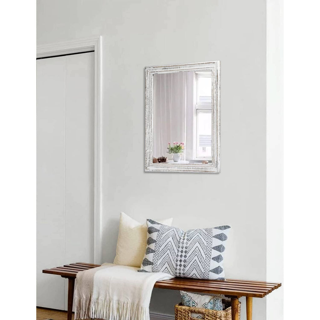Rectangular wall mirror with aged white wood frame and clear reflective glass