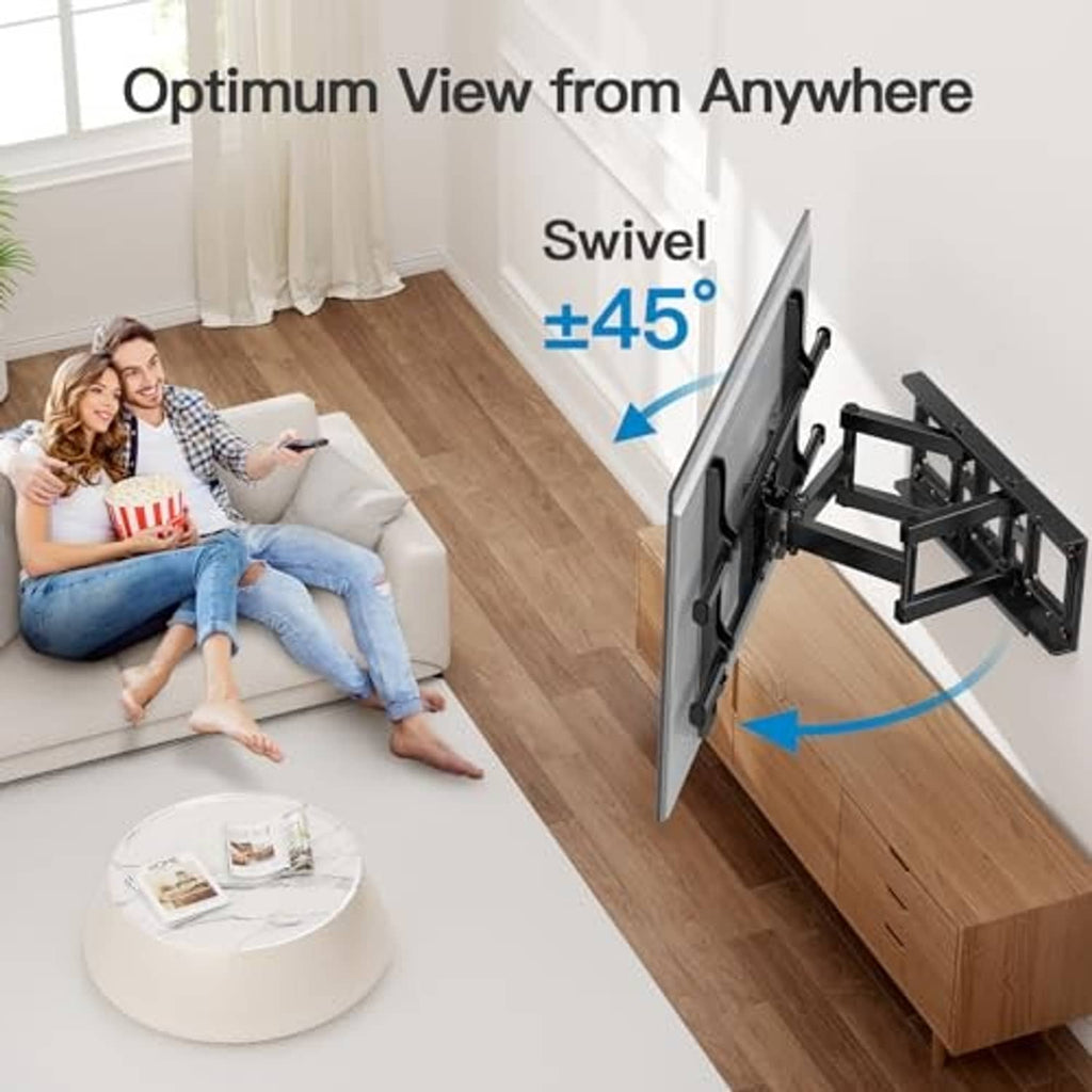 Full motion TV wall mount with swivel arms angled from the wall, black