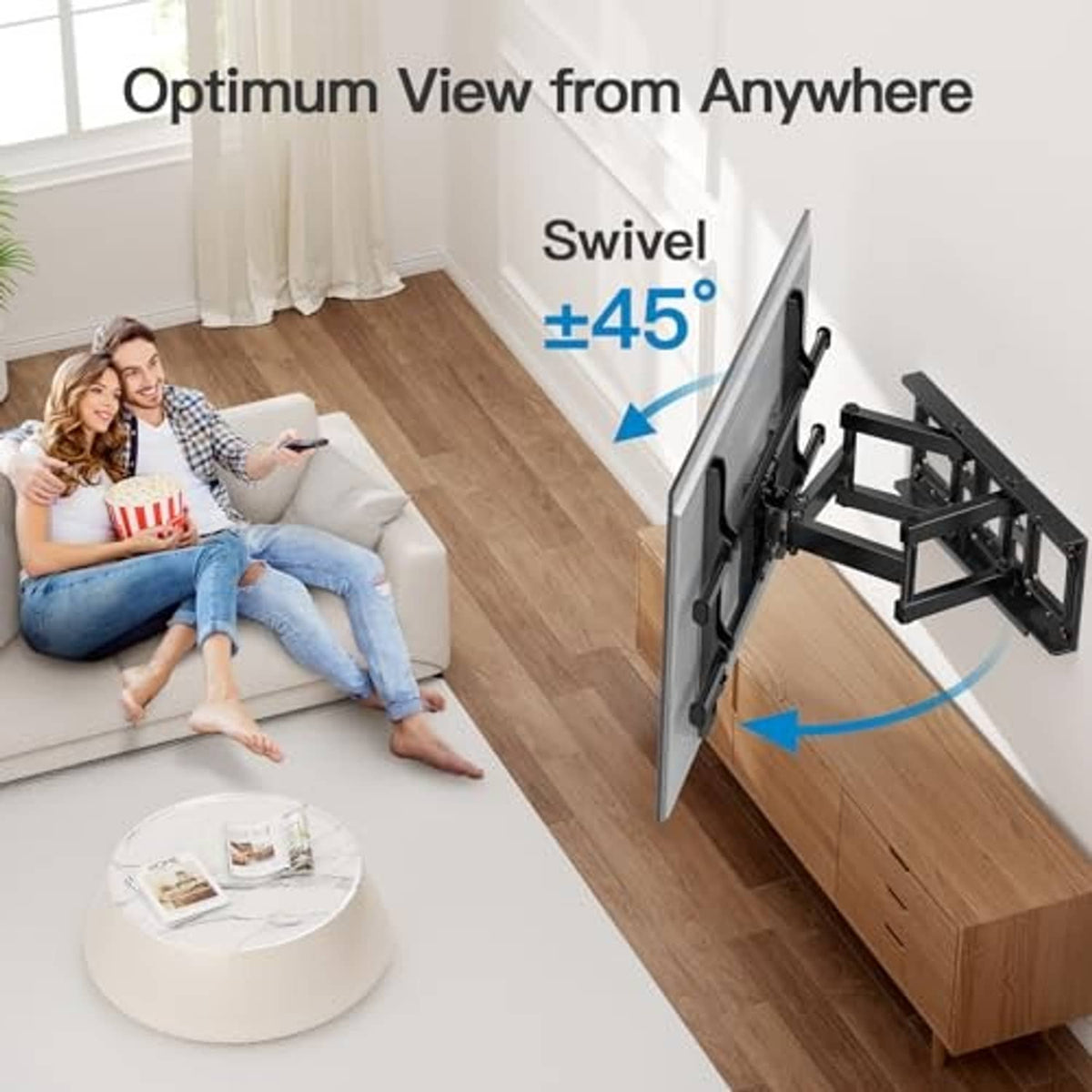 Full motion TV wall mount with swivel arms angled from the wall, black