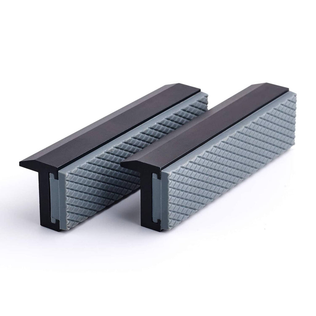 Soft vice jaw pads, two-piece set with dark ends and textured light-gray grip surface