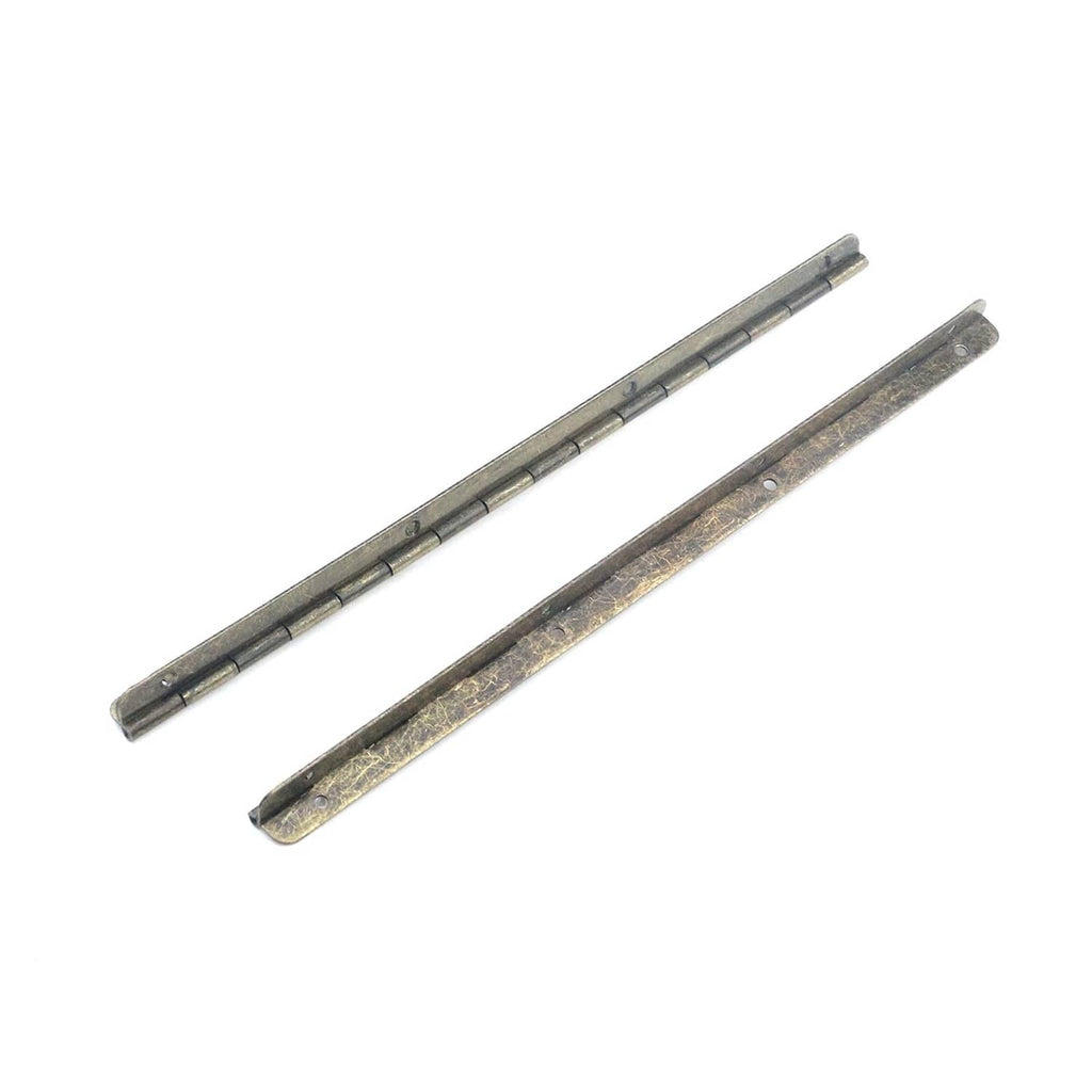 Antique bronze metal piano hinge detail with knuckles and screw mounting holes