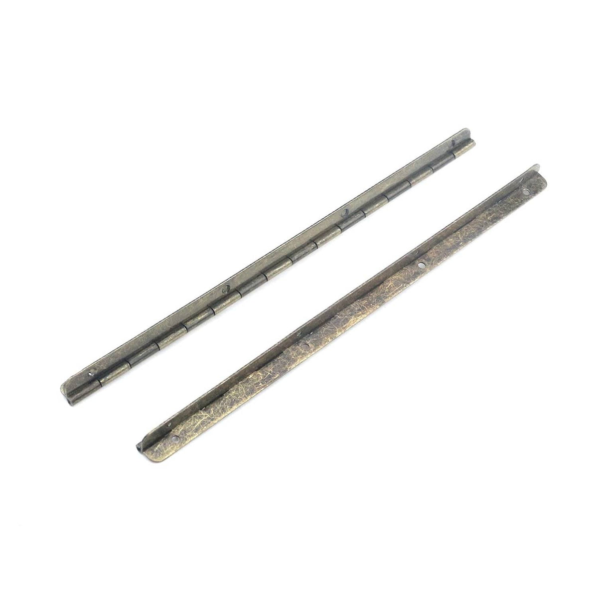Antique bronze metal piano hinge detail with knuckles and screw mounting holes